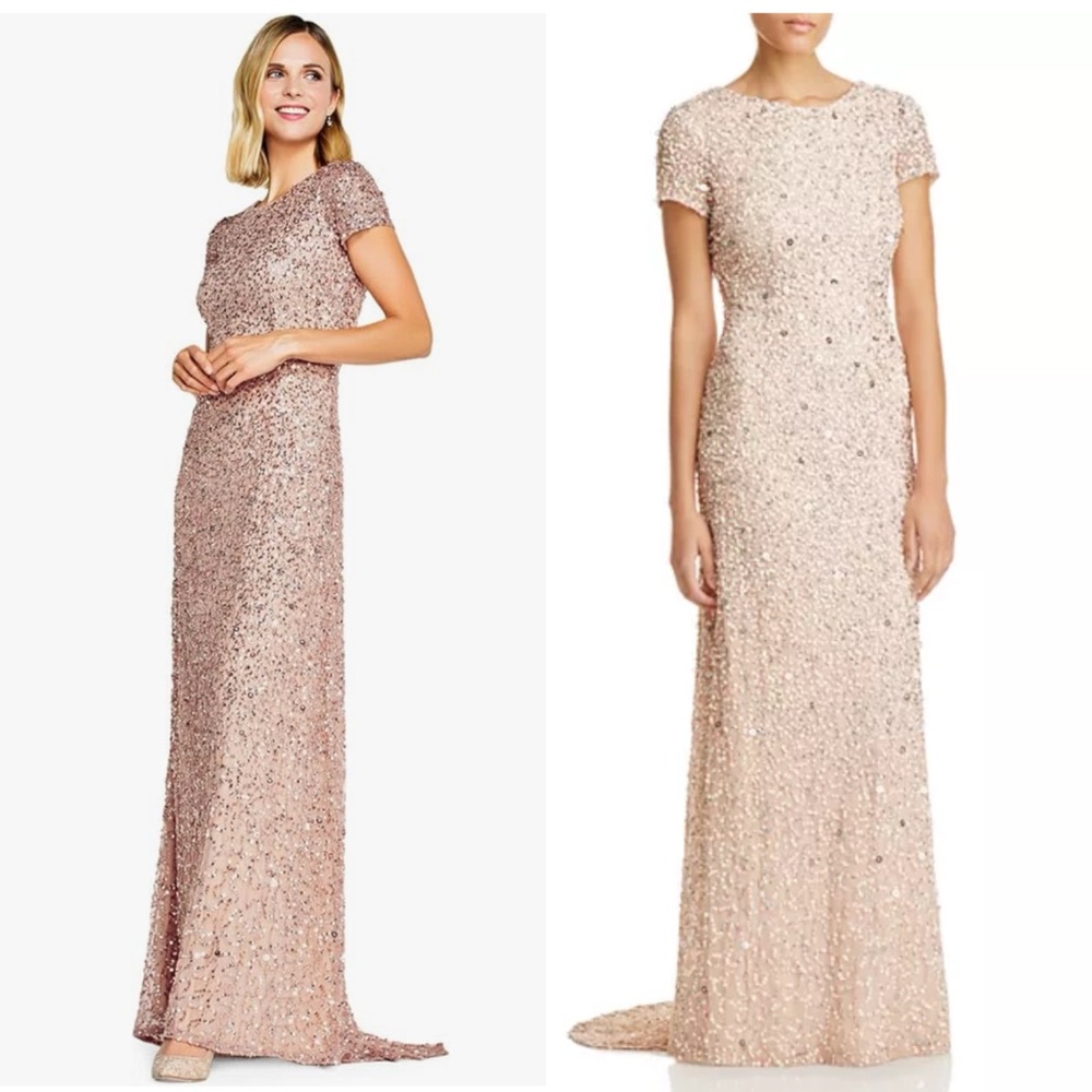 Adrianna Papell Maxi Long Sequin Gown Formal Cap Sleeves Rose Blush Champagne 4 - Picture 11 of 12